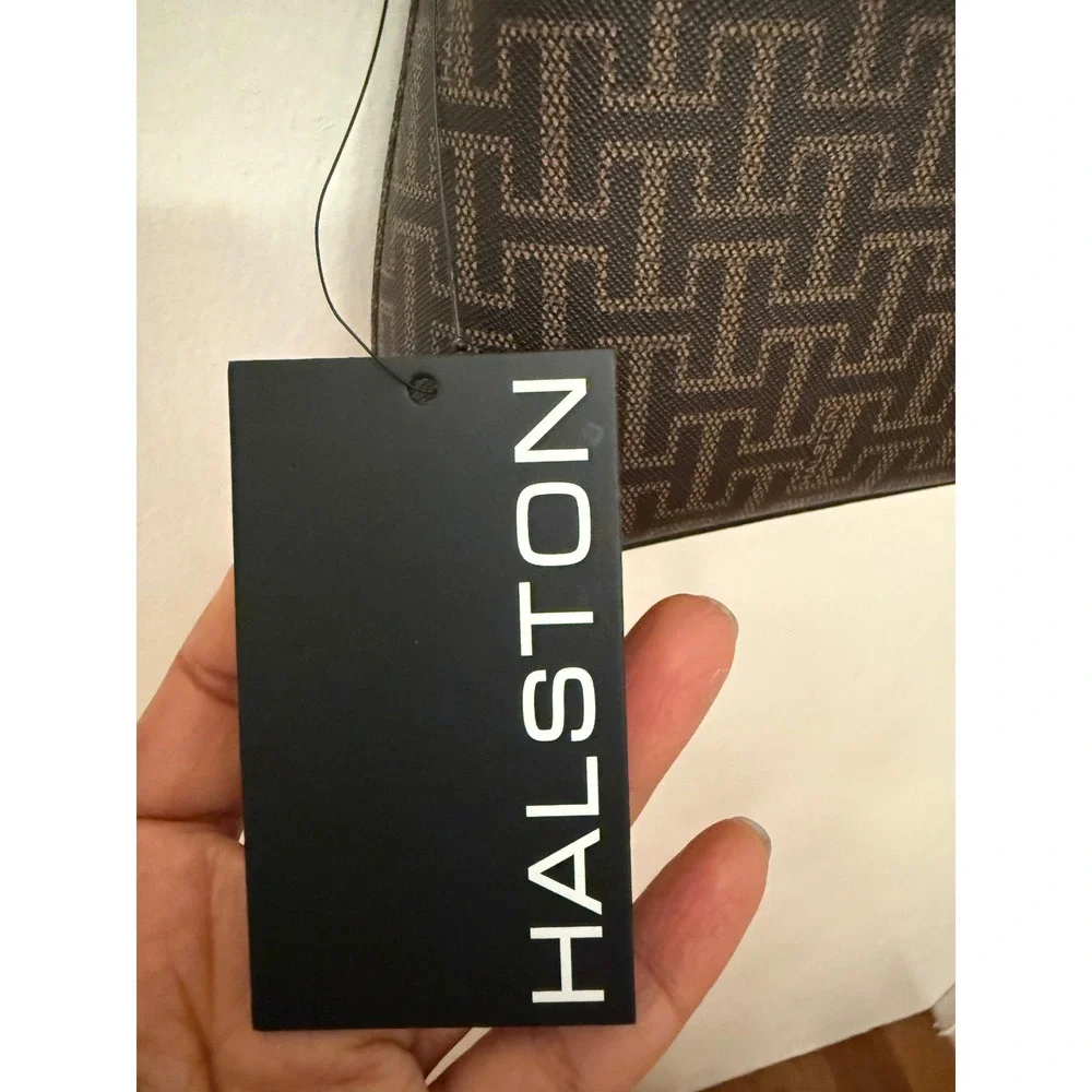 NWT Halston Quincy Brown Monogram Crossbody Bag Webbed Strap Messenger New